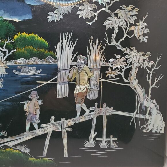 Inlaid Asian Artwork Shell On Black Lacquered Wood Vintage 12x16 Inches - Picture 3 of 15